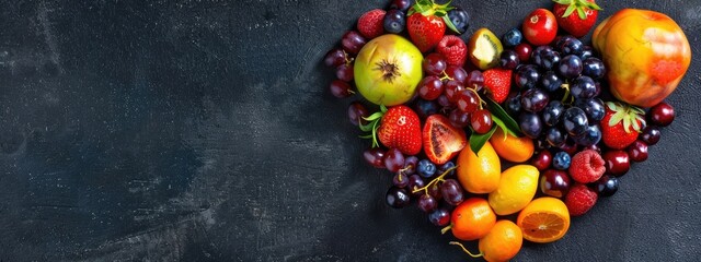 heart from fruits and berries top view. Selective focus