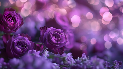 purple roses and purple hearts on purple background with bokeh lights, love wallpaper, purple flowers, purple valentine's day design, purple rose background.