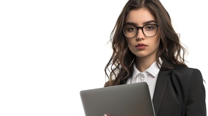 A professional businesswoman with a laptop, exuding confidence in her suit, isolated on a white background.