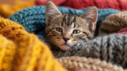 Naklejka premium Cozy Fluffy Kitten Relaxing in Colorful Blankets, Cute and Content in Bed