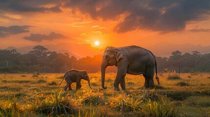 Naklejka premium Tranquil Bonding Moment: Thai Elephant Mother and Calf Embracing at Sunset