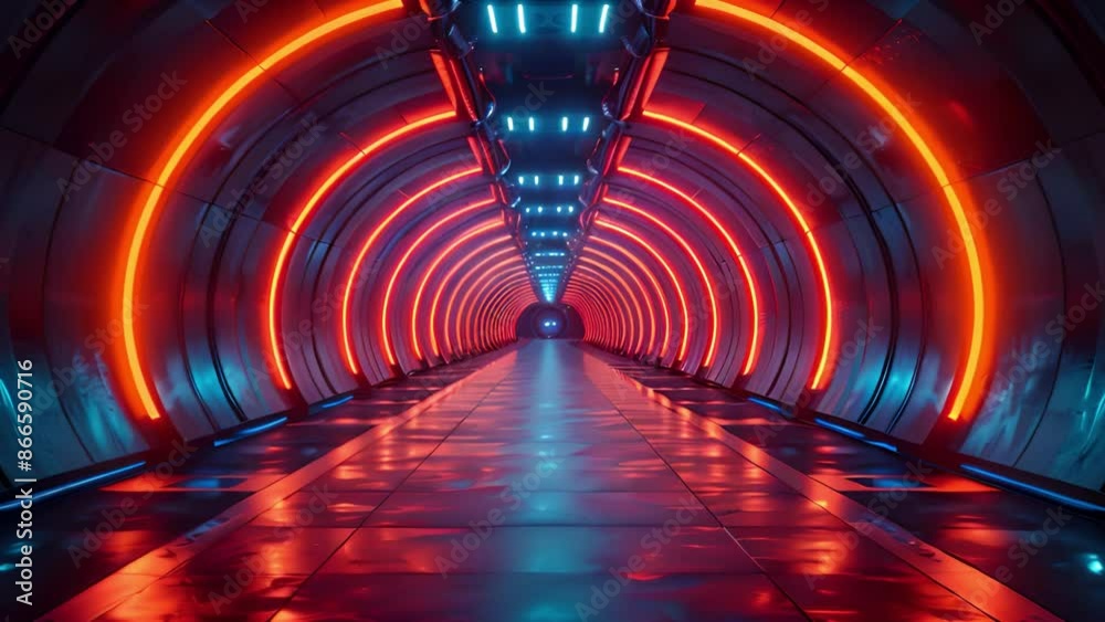 Poster an empty, futuristic tunnel with orange and blue neon lights lining the walls and ceiling. the tunne