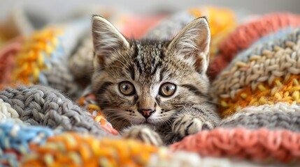 Cozy Fluffy Kitten Relaxing in Colorful Blankets - Adorable Pet Comfort Concept