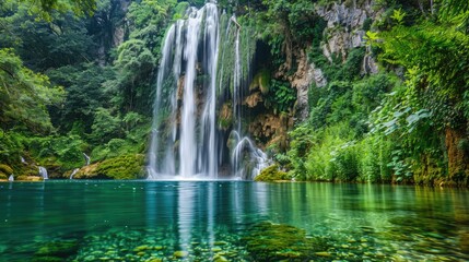 Obraz premium A majestic waterfall flowing into a crystal-clear pool, with lush green trees and plants all around