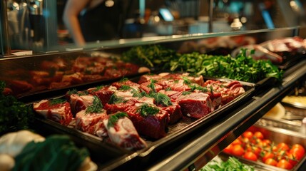 Obraz premium fresh meat in the shop window. Selective focus