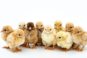 A group of baby chicks are standing in a row