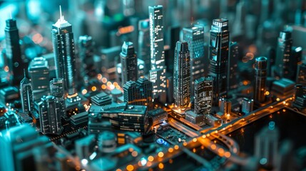 Detailed tabletop model of futuristic city blending skyscrapers and historic landmarks, ideal for presenting urban planning proposals