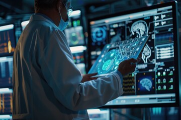A man in a lab coat is looking at a computer monitor displaying a brain scan