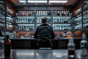 A scientist is seated in a modern laboratory, surrounded by shelves filled with various chemical bottles and scientific equipment. 