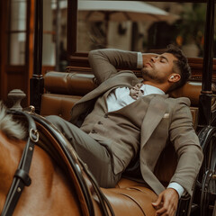 Man on a Suit laying on a horse carriage with headphones
