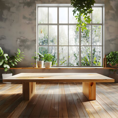 Empty wooden table in modern room interior with a large window and plants. Mock up