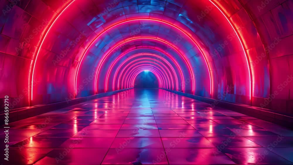 Aufkleber a long, brightly lit tunnel with red and blue neon lights. the lights reflect off the wet floor, cre