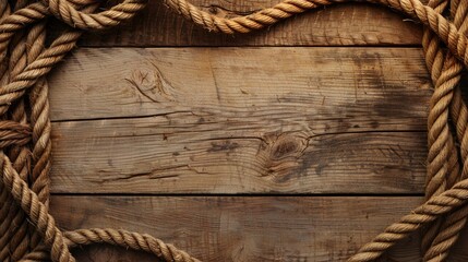 Paper background with coiled ship rope on wood texture