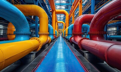 Colorful pipes and valves intertwine in a labyrinthine network of industrial manufacturing.