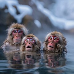 Fototapeta premium Monkey in hot spring in winter