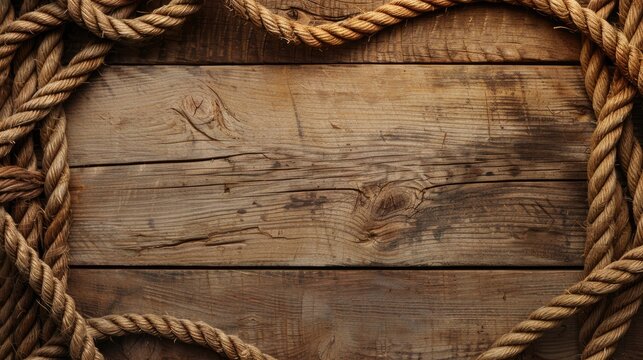 Paper background with coiled ship rope on wood texture