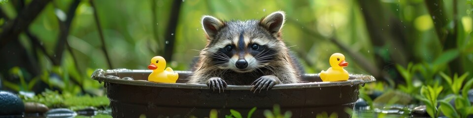 Naklejka premium close-up of a raccoon washing itself. Selective focus