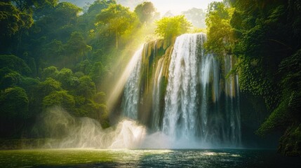Obraz premium A majestic waterfall in the middle of a dense, green forest, with rays of sunlight breaking through the canopy and mist rising from the water