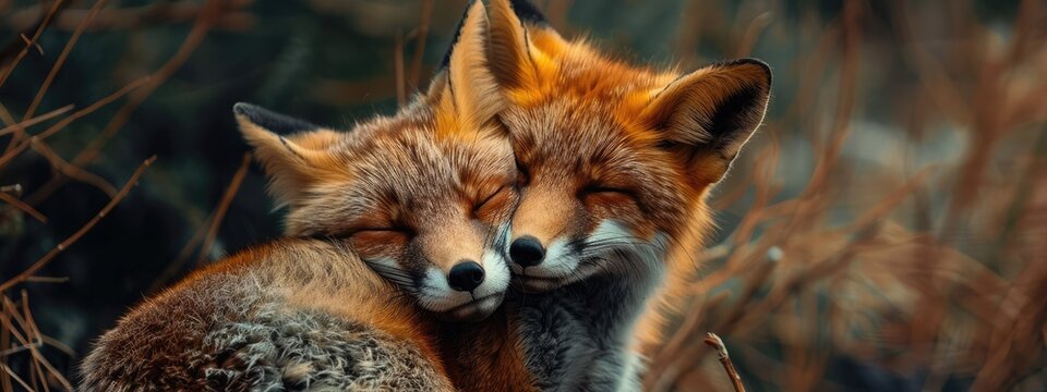 two foxes are hugging. Selective focus