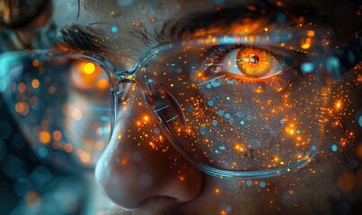 Tech guru's innovative portrait reflects creativity in thoughtful gaze and problem-solving against a futuristic backdrop.