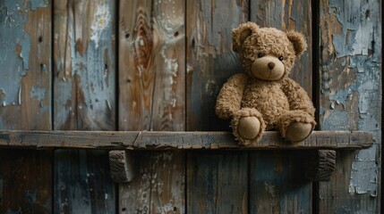 Little teddy bear on old wooden shelf for digital compositing