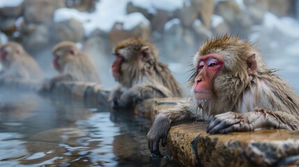 Fototapeta premium Monkey in hot spring in winter