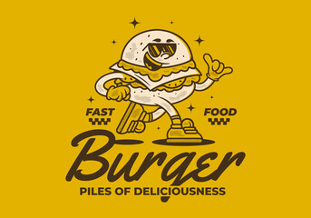 Burger, pile of deliciousness. Retro mascot character illustration of burger in running pose