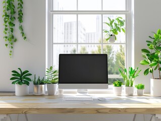 A computer monitor sits on a wooden desk next to a window with potted plants
