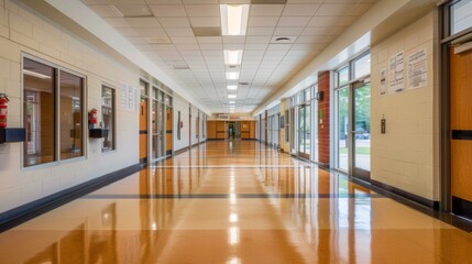 Empty school hallway with student lockers