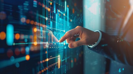 Futuristic technology concept. Human hand interacts with digital interface on abstract screen. Bright lights and data represent advanced technology and innovation. Stock photo for tech purposes. AI