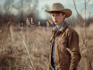 A young man in a cowboy hat and a brown jacket stands in a field of tall grass