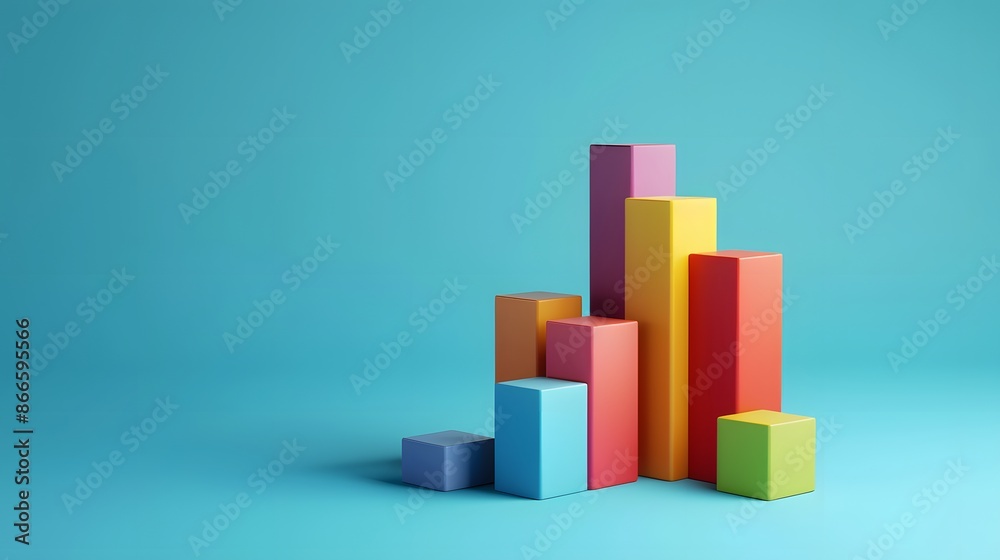 Poster colorful 3d bar chart on a blue background. the vibrant columns represent data visualization and sta