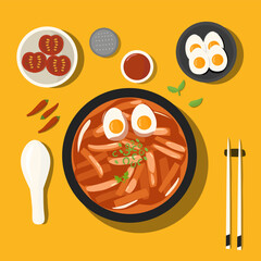 illustration of a set of food korean favorit food toppoki tteokbokki tteok with noodle vector table concept