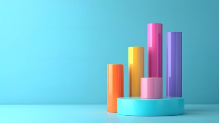 Colorful 3D bar chart on a blue background, representing data visualization, business analysis, and statistical growth.