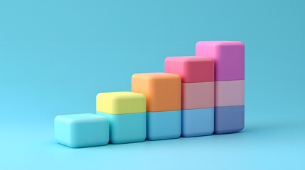 Fototapeta premium Colorful 3D bar chart on blue background representing business growth, data analytics, or financial progress with vibrant blocks.