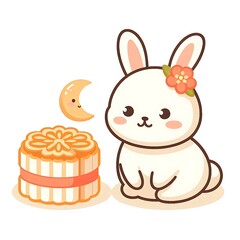 Mid Autumn Festival. Cute rabbits with mooncake, chinese patterns. Template design for greeting cards, posters, flyer, invitation,discount, sales. Vector illustration