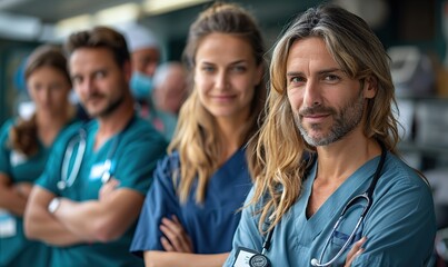 Fototapeta premium Medical team poses in hospital with arms crossed.