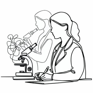 scientists working with microscope, line art clip art preview
