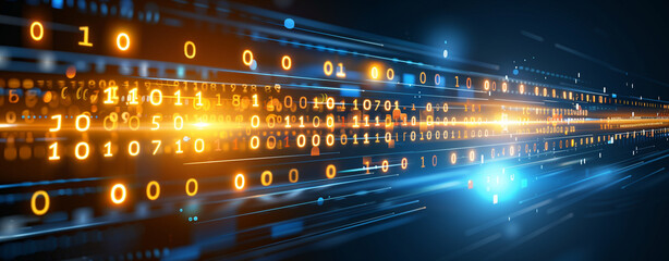 Fototapeta premium An abstract background featuring glowing neon lights and binary code, evoking a sense of futuristic technology and data transfer.