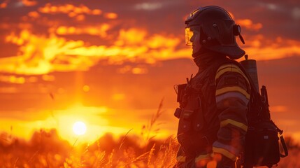 Fototapeta premium Firefighter watching sunset in protective gear