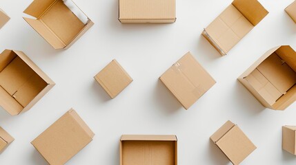 Empty cardboard boxes of various sizes arranged in a grid pattern on a white background. Minimalist and clean style. Ideal for use in packaging, shipping, and storage themes. AI