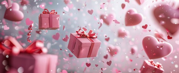 Obraz premium Pink Gift Boxes Falling Through Confetti and Hearts for Valentines Day