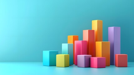 Colorful bar graph with wooden blocks against a blue background, representing data analysis, statistics, and financial growth.
