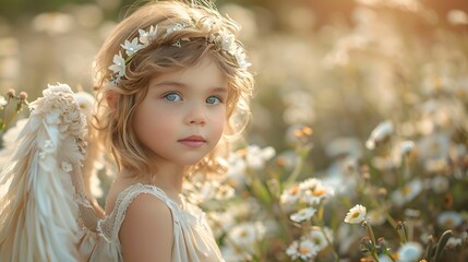 Fototapeta premium Child angel in a lush, vibrant garden.