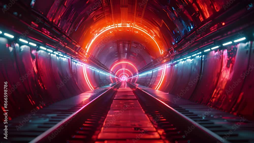 Aufkleber a vibrant, futuristic tunnel with glowing neon lights and tracks leading towards a bright, distant e