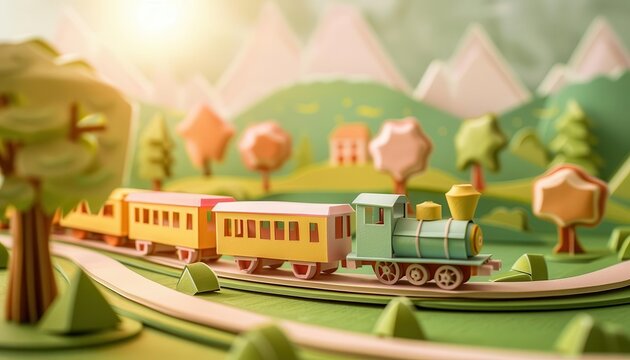 Colorful toy train set on a scenic landscape with trees and mountains, captured in warm sunlight, evoking childhood nostalgia.