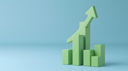 Fototapeta premium Green 3D bar graph with an upward arrow on a blue background, representing business growth, success, progress, and financial gain.
