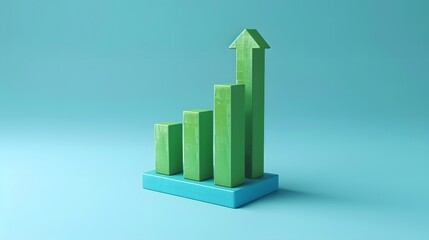 Green bar chart with upward arrow representing growth and success on a blue background. Concept of business, finance, and analytics.