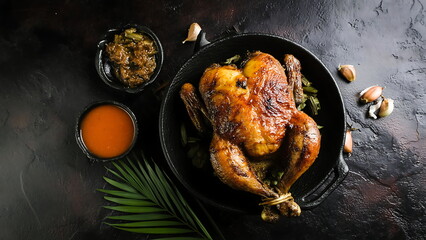 Roasted chicken with garlic, herbs, and sauce on a black plate. Delicious meal for dinner, brunch or lunch. Food photography.