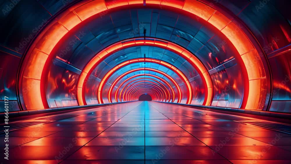 Aufkleber a long, futuristic tunnel with neon lights in a circular pattern.
